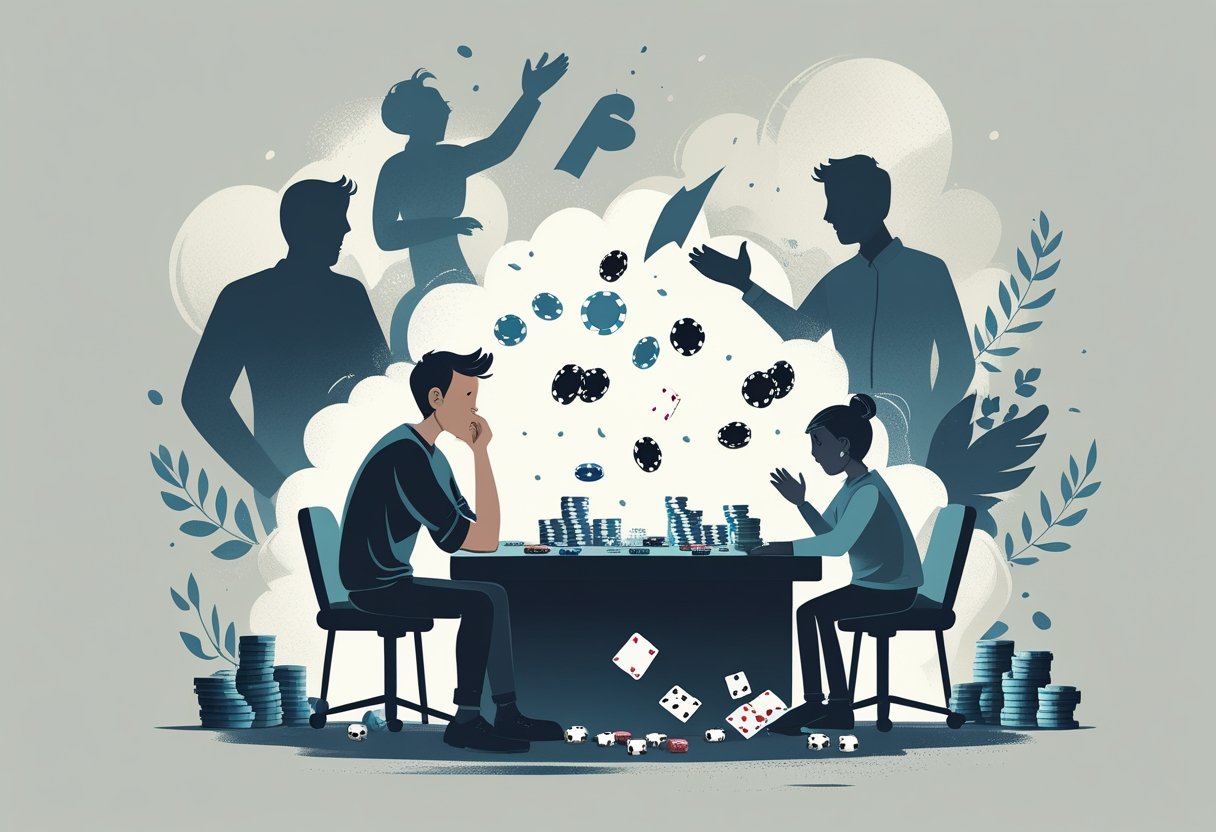 도박 관련 피해와 예방을 주제로 걱정하는 사람이 도박 도구 앞에 앉아 있고, 주변에 부정적인 결과와 지원을 상징하는 인물이 함께 있는 장면