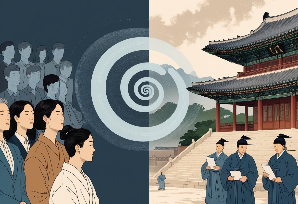 조선 시대 상소 금지와 현대 침묵의 나선 이론의 구조적 유사성을 보여주는 두 장면이 나선형으로 연결된 모습